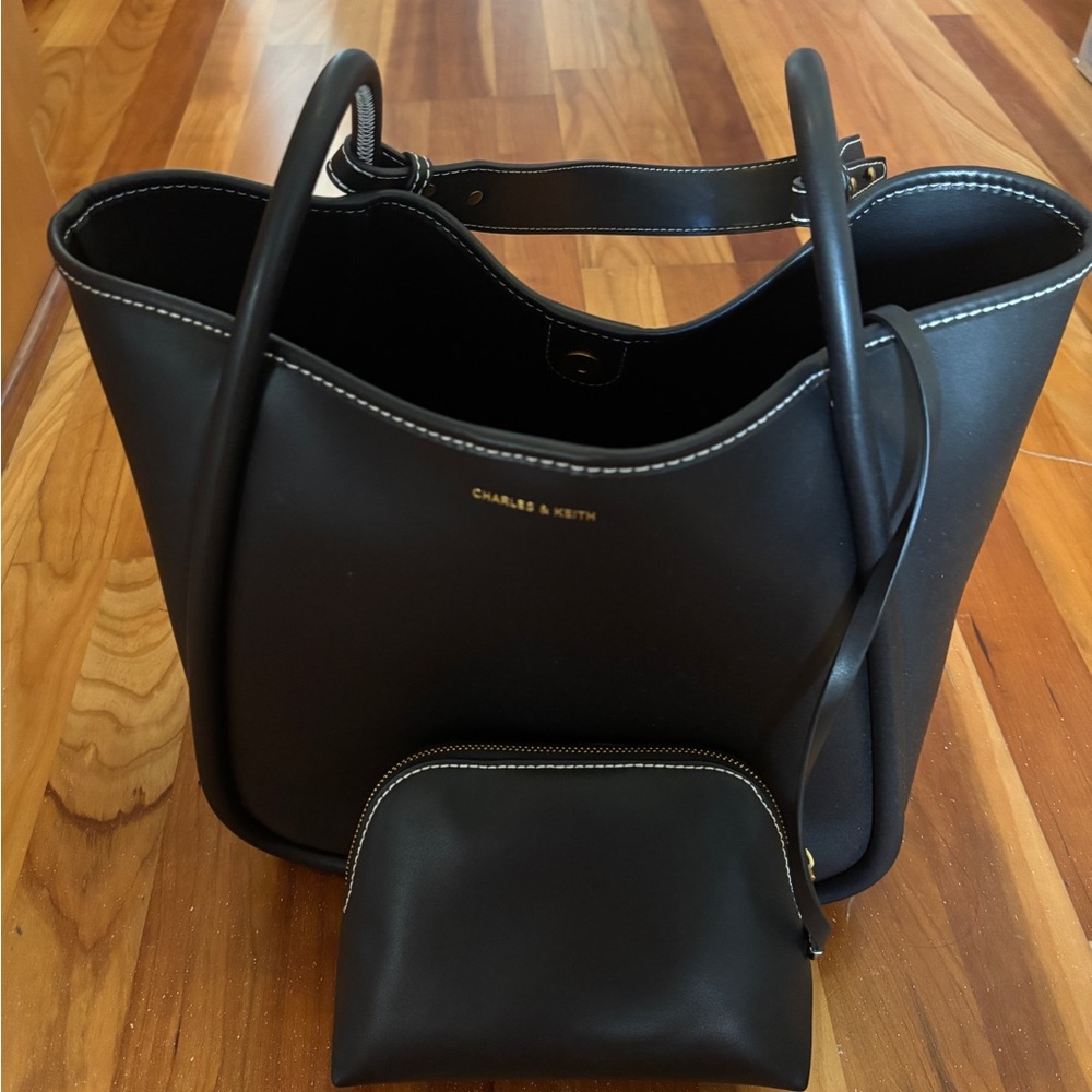 Charles & Keith Lyla Tubular Slouchy Black Bag with Pouch